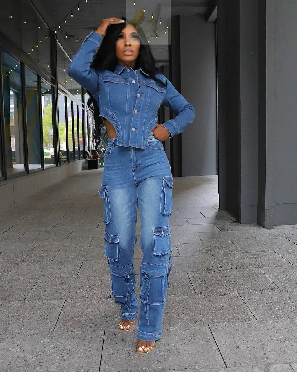 Washed Denim Women's Set Full Sleeve Button Fly Jacket and Pockets Cargo Jeans Pants Suit LADYLYS