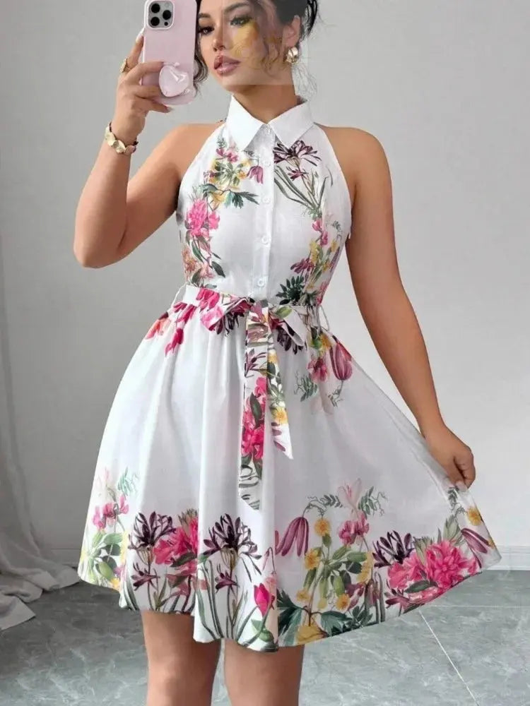 Printed Waist Halterneck Tie Dress Elegant LADYLYS