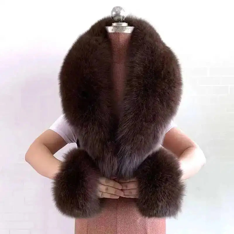Women's Real Fur Collar and Cuffs Set, Fluffy Winter Scarf