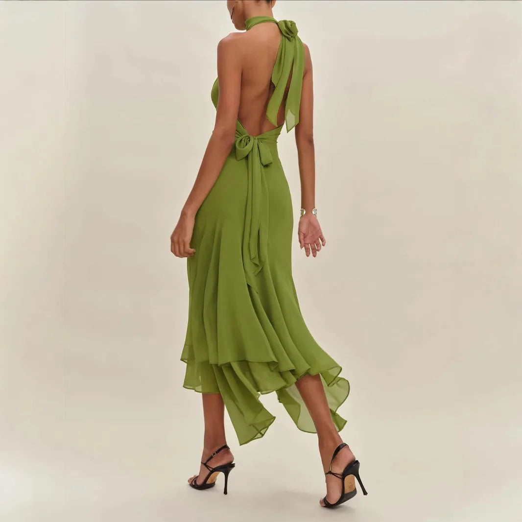 Temperament Halter Neck Long Dresses Green Backless Leace-up Elegant LADYLYS