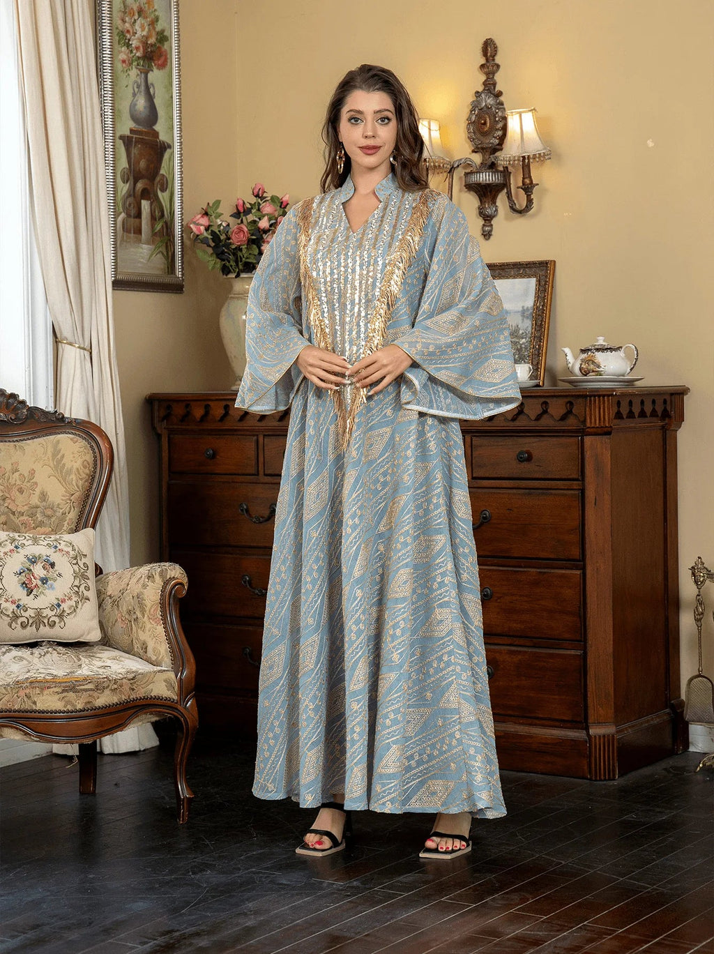 Intricately Embroidered Tulle Abaya Ramad Traditional Islamic FloorLength Gown LADYLYS