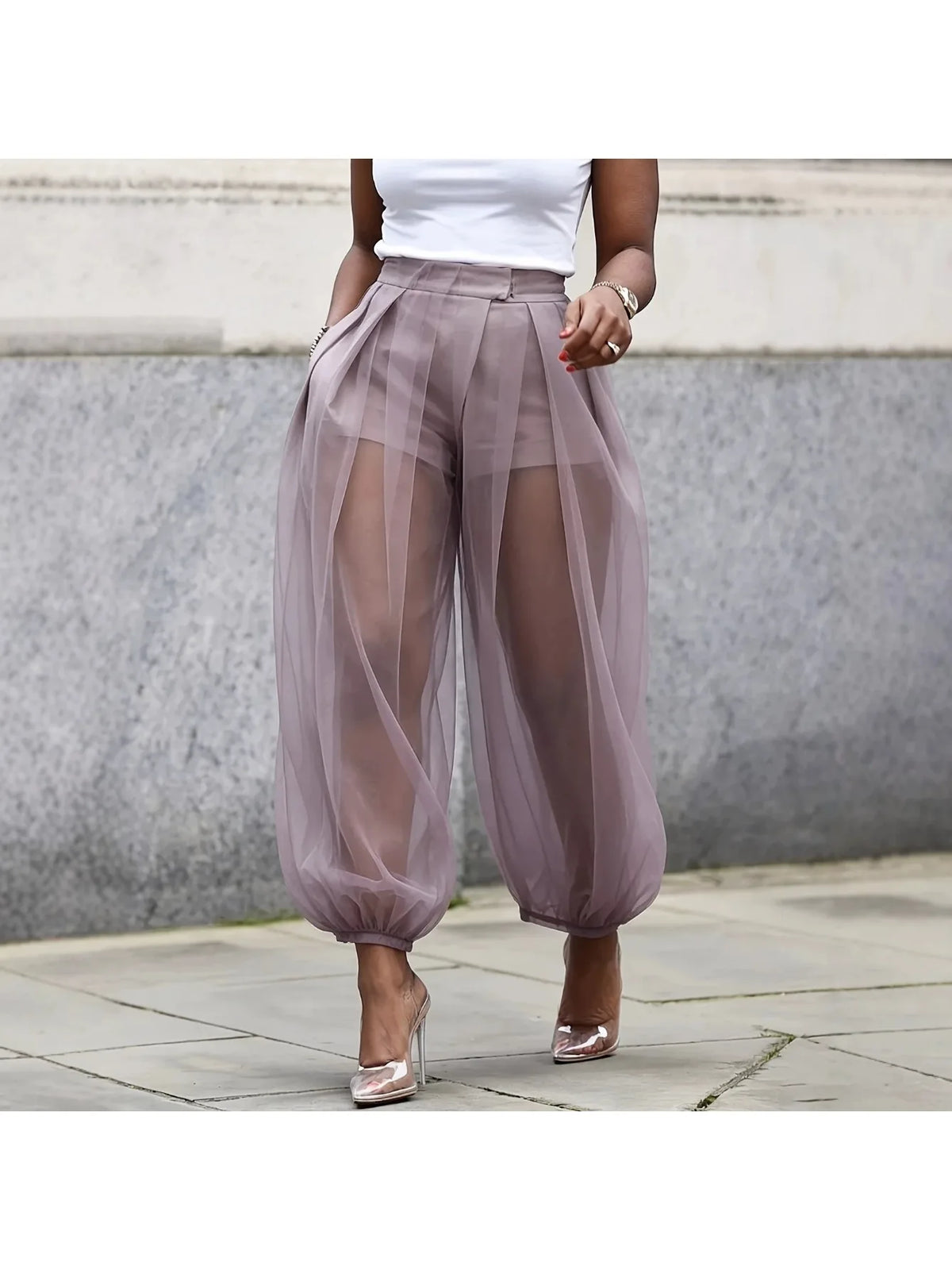 Women's Sheer Mesh Tulle Balloon Pants — High-Waist Elastic Cuff Bloomer Trousers | Elegant Casual