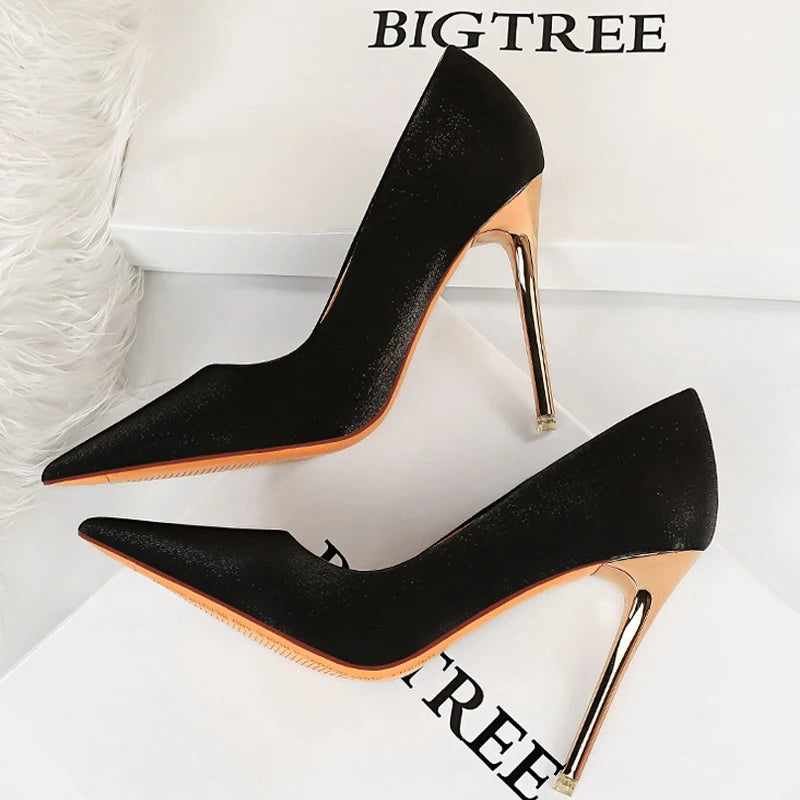 Women's Satin Stiletto Pumps – Pointed Toe Super High Heel Party Shoes with Bling Detail
