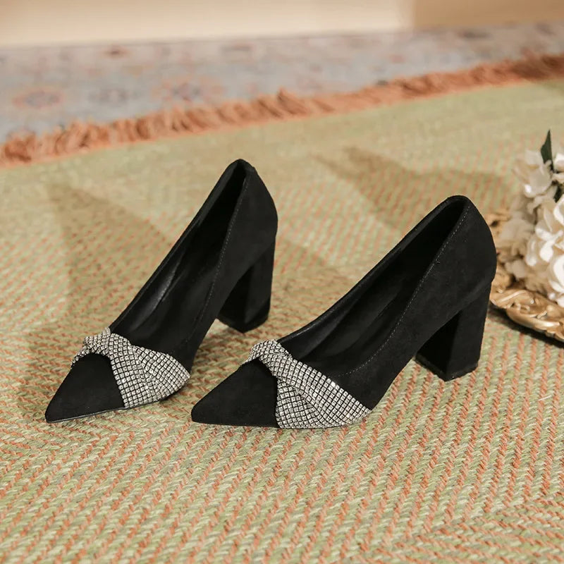 Chunky Heel Pointed Toe Black Rhinestone High Heel Women's Work Shoes Plus Size Pumps LADYLYS