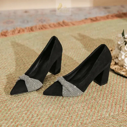 Chunky Heel Pointed Toe Black Rhinestone High Heel Women's Work Shoes Plus Size Pumps LADYLYS