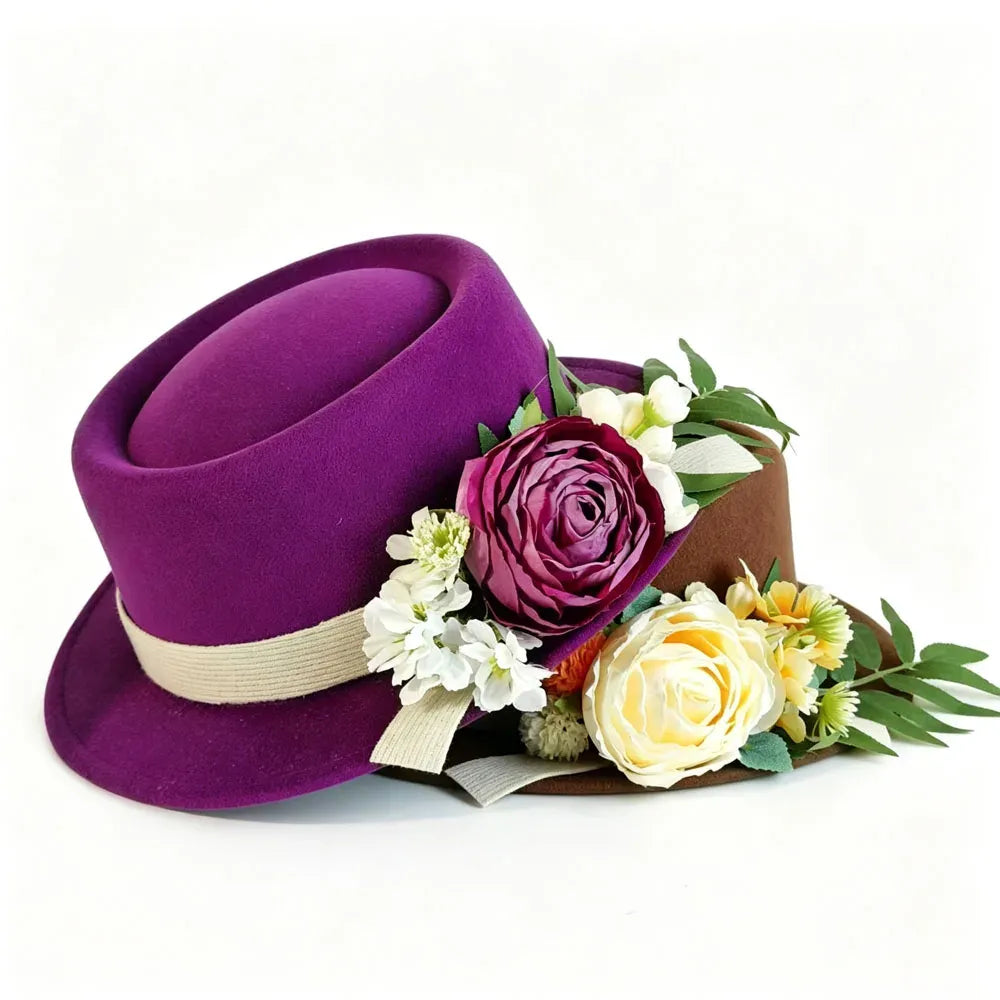 Floral Fedora Hat with Ribbon and Small Brim