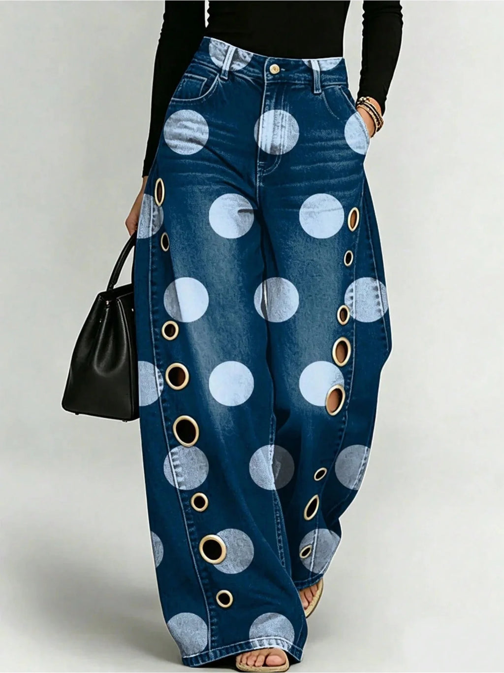 Women's Wide-Leg Jeans – Polka Dot Print, Metal Eyelet Cutout, Mid-Waist