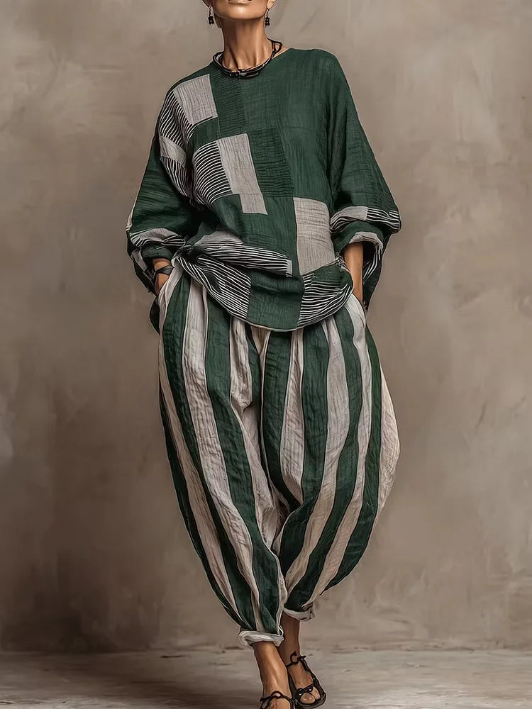 Women's Striped Patchwork 2-Piece Set – Loose Top & Harem Pants, Office Casual