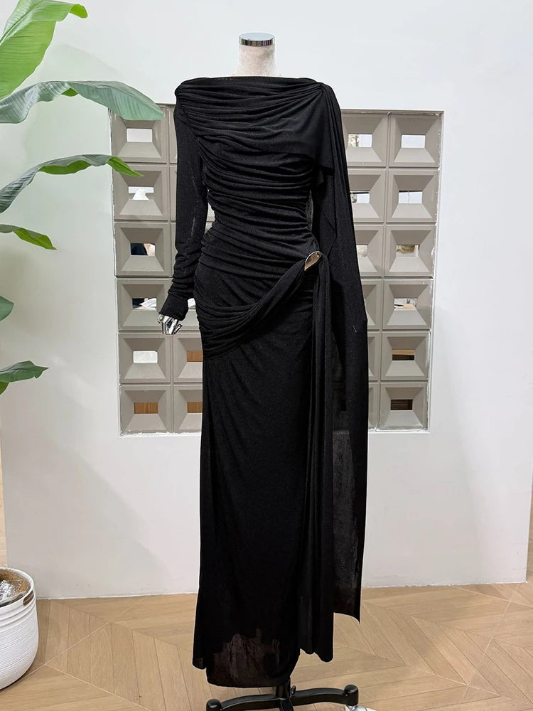 Slash Neck Long Sleeve Slim Midi Dress – Ribbon Waist Elegant Evening Wear