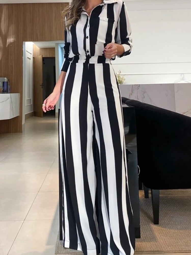 Women's Striped Wide Leg Pants Suit – Matching 2-Piece Set, Elegant Office Wear