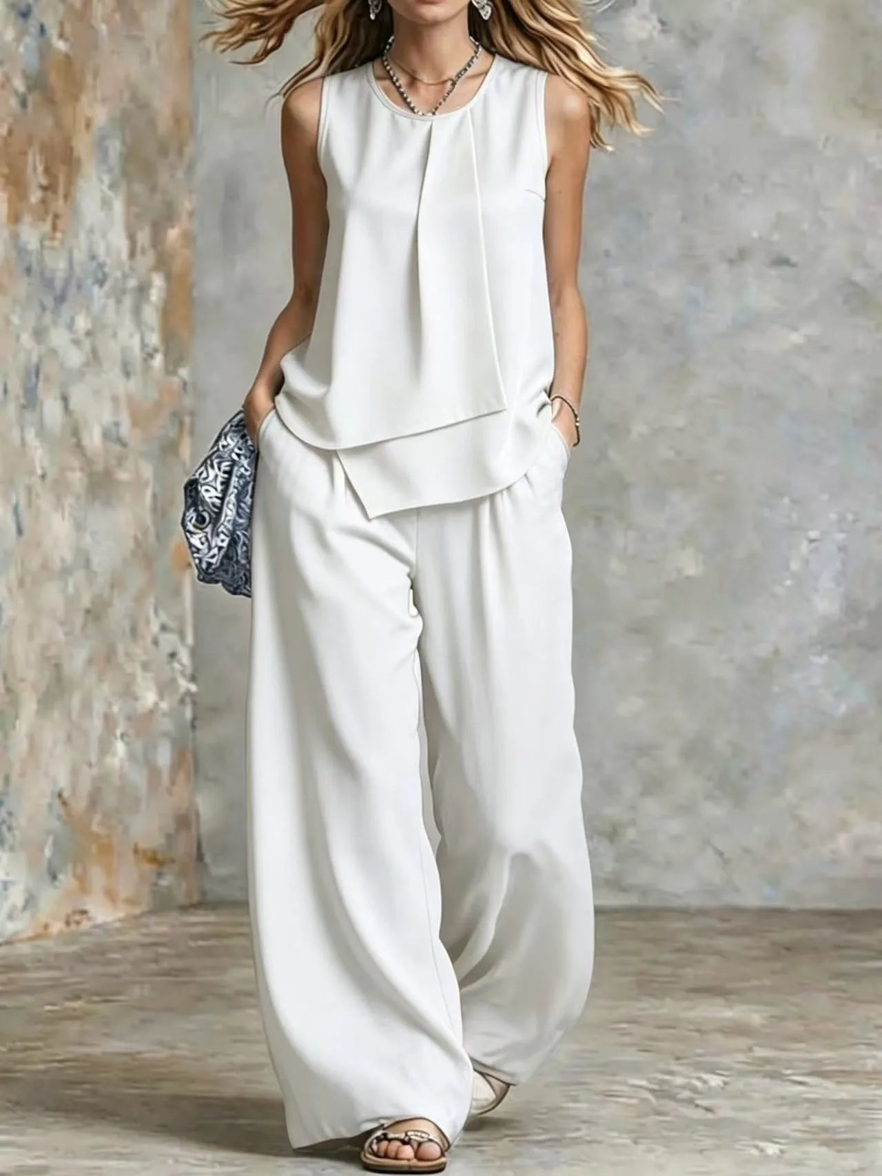 Women's Summer 2-Piece Outfit – Solid Sleeveless Top & Irregular Hem Skirt
