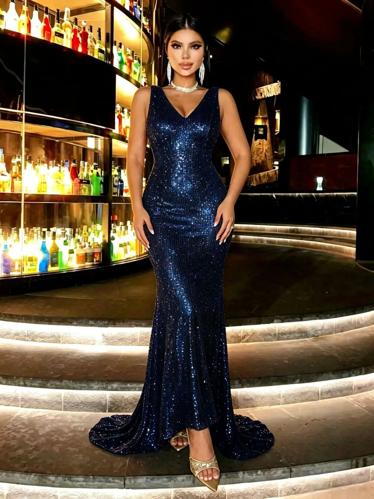 Sleeveless V-Neck Sequin Mermaid Midi Dress
