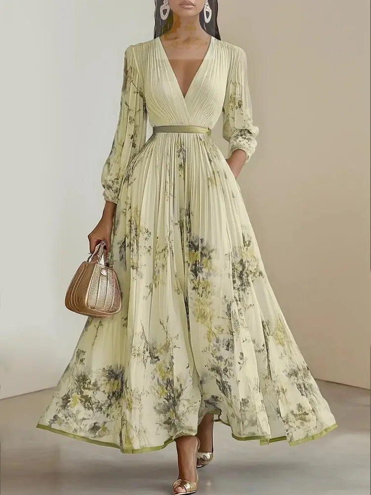 Pleated Dress New Spring Autumn Florat Printed Deep V-neck Long-sleeved Fashion Maxi Elegant LADYLYS