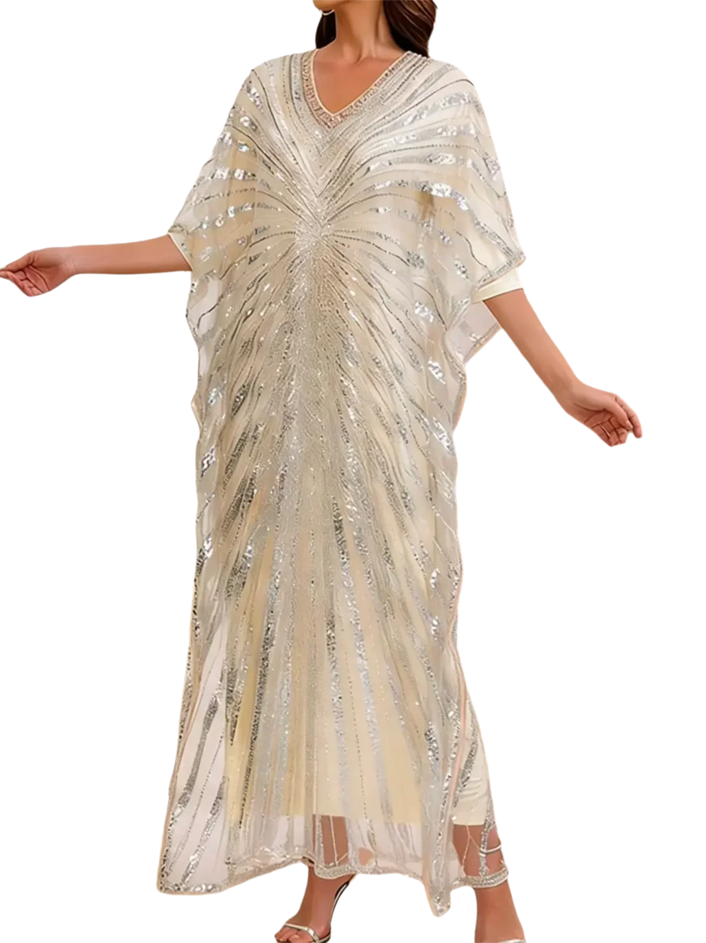Women's Beaded Kaftan Gown – Embellished Floor-Length Batwing Dress | Ethnic Luxury Evening Robe