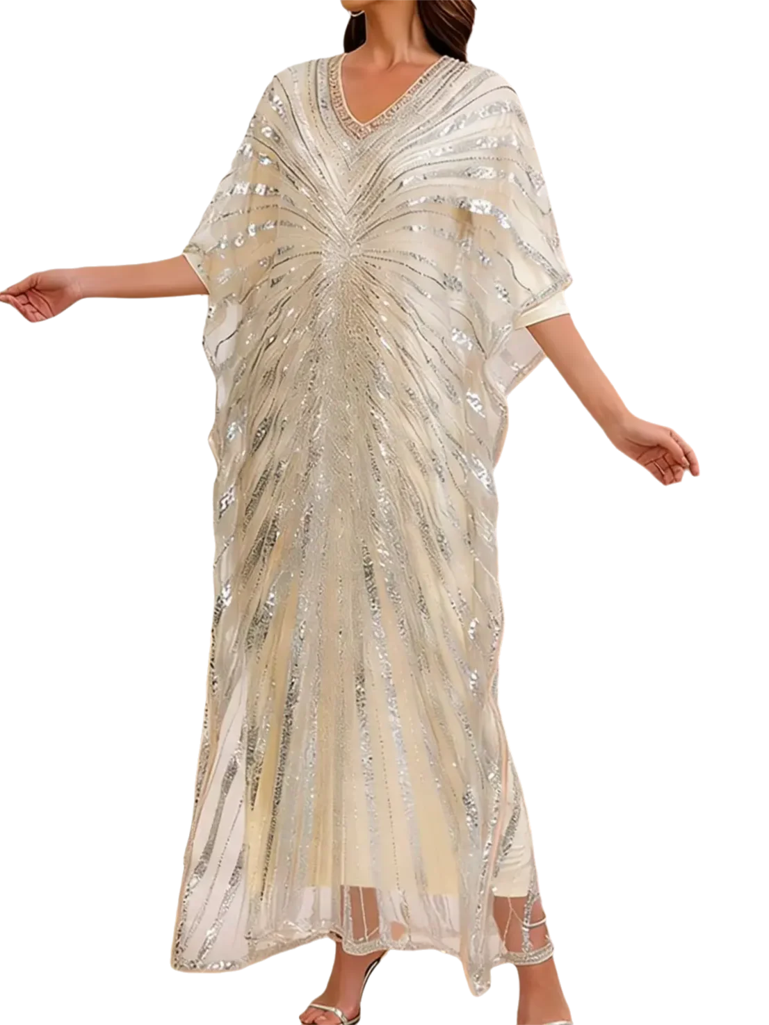 Women's Beaded Kaftan Gown – Embellished Floor-Length Batwing Dress | Ethnic Luxury Evening Robe
