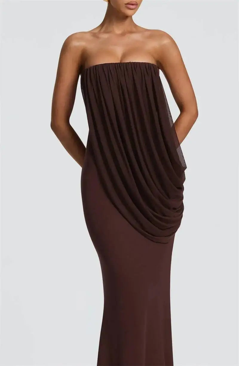 Mesh Backless Off-Shoulder Maxi Dress – Ruched High Waist Slim Evening Gown