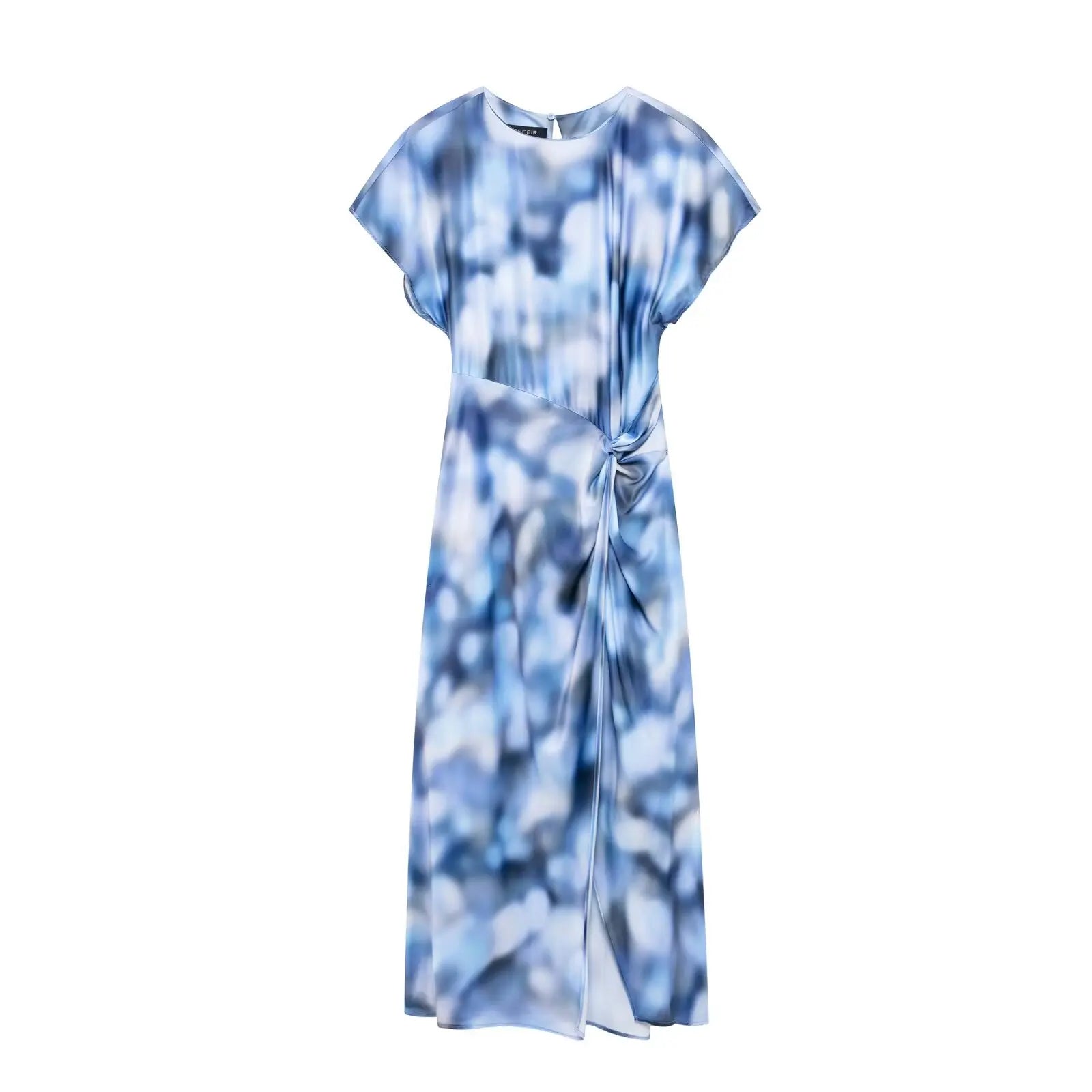 Vintage Satin Asymmetric Print Midi Pinch Pleat Long Dress LADYLYS