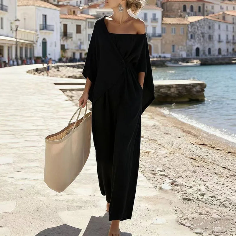 Elegant New Off Shoulder Hollow Jumpsuits Woman Batwing Sleeve Wrap Tie Waist Romper LADYLYS
