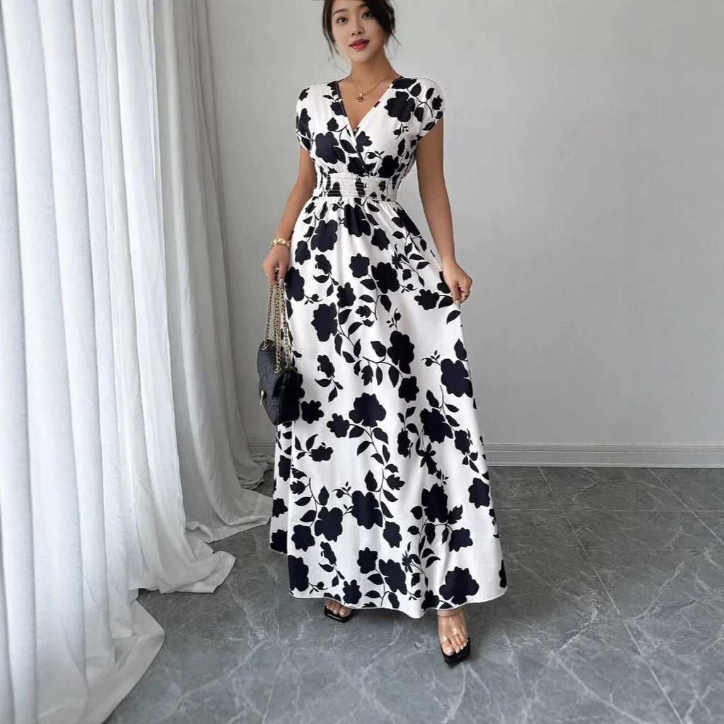 Printed V-Neck Short Sleeve Midi Dress – Lace-Up Waist Casual Summer Dress
