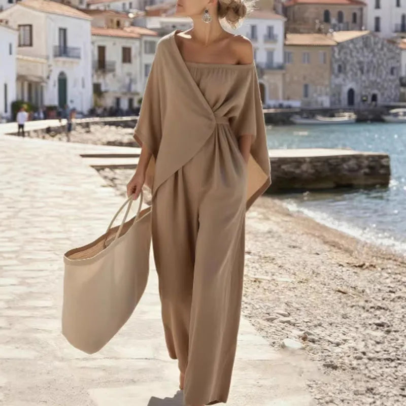 Elegant New Off Shoulder Hollow Jumpsuits Woman Batwing Sleeve Wrap Tie Waist Romper LADYLYS