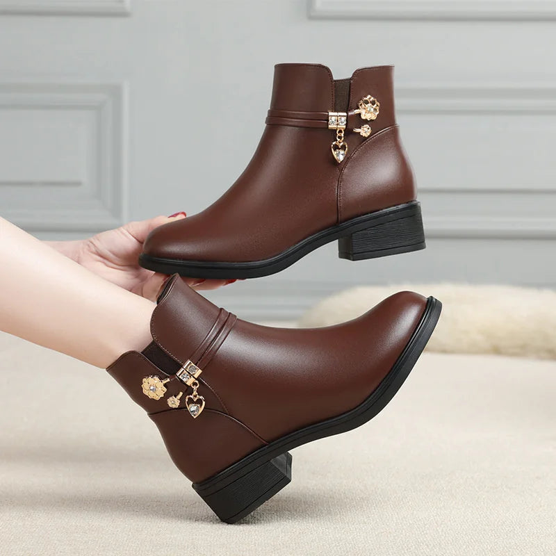 Women's Rhinestone Ankle Boots – Plush-Lined Zip-Up Low Heel Booties