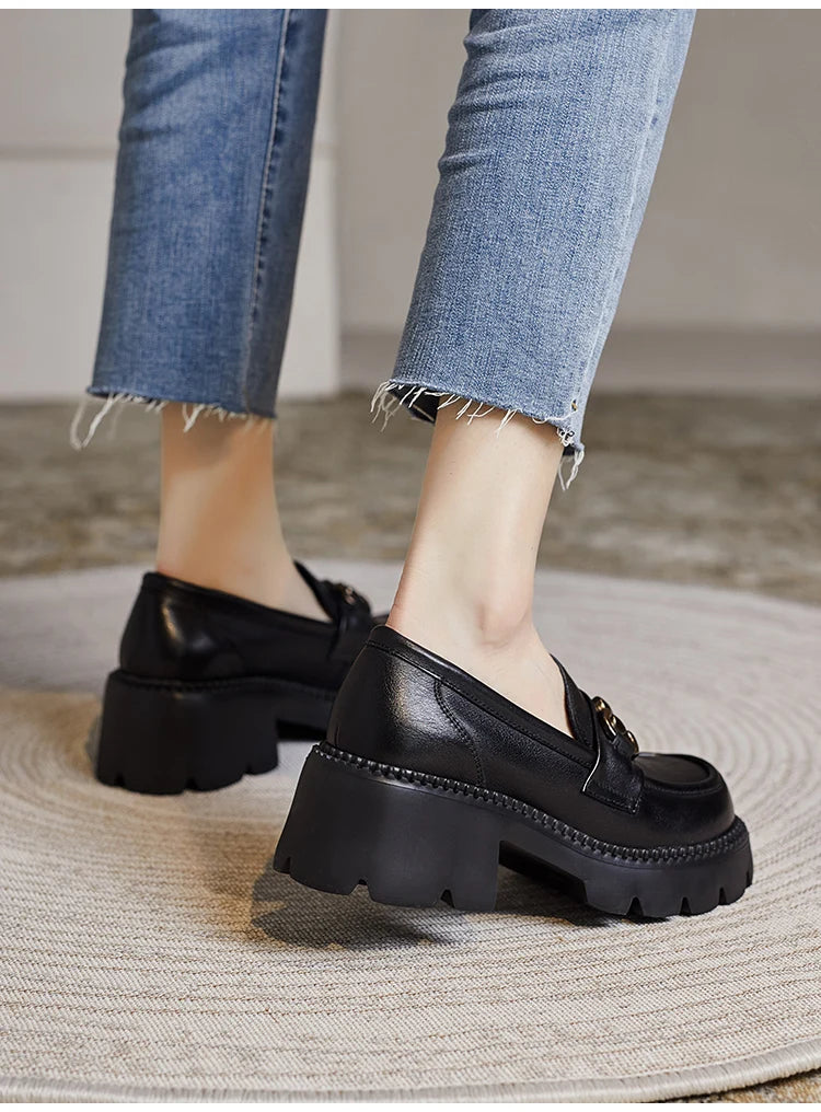 Women's Genuine Leather Loafer Pumps – Thick Square Heel Platform Slip-On with Metal Detail