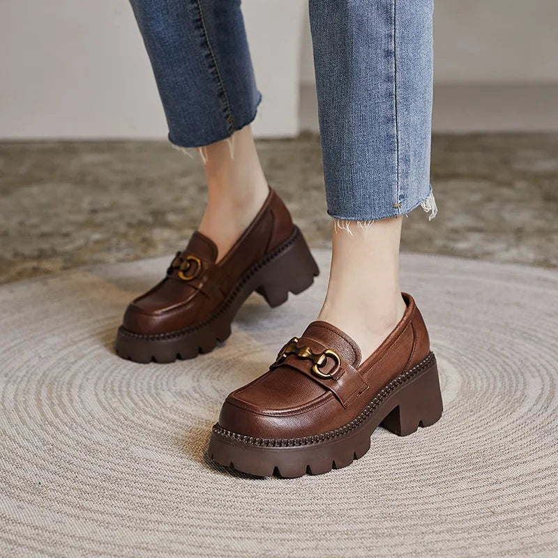 Women's Genuine Leather Loafer Pumps – Thick Square Heel Platform Slip-On with Metal Detail