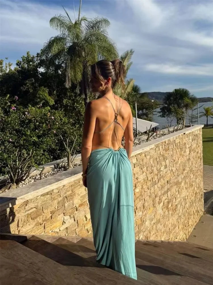 Deep V Cutout Ruched Maxi Gown – Spaghetti Strap Sleeveless Evening Dress
