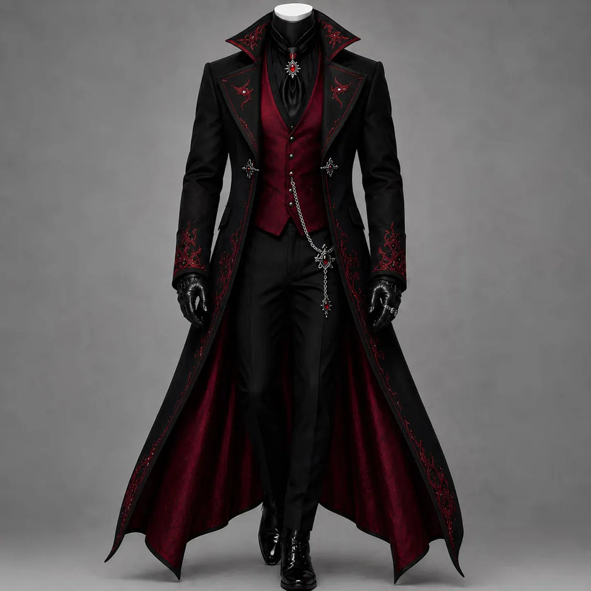 Men's Gothic Three-Piece Suit with Red Floral Embroidery