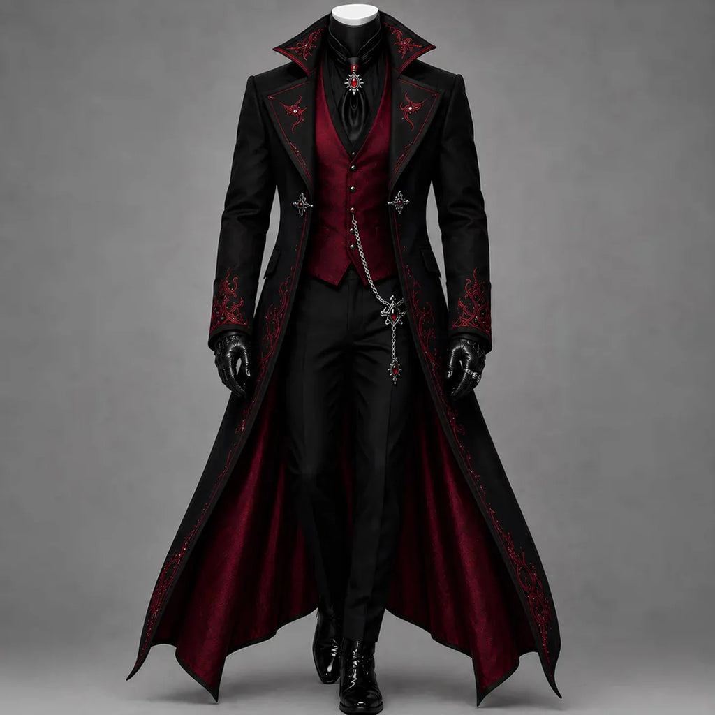 Men's Gothic Three-Piece Suit with Red Floral Embroidery