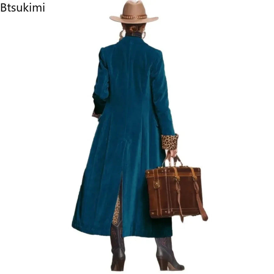 Women's Vintage Velvet Long Coat with Leopard Print Lining