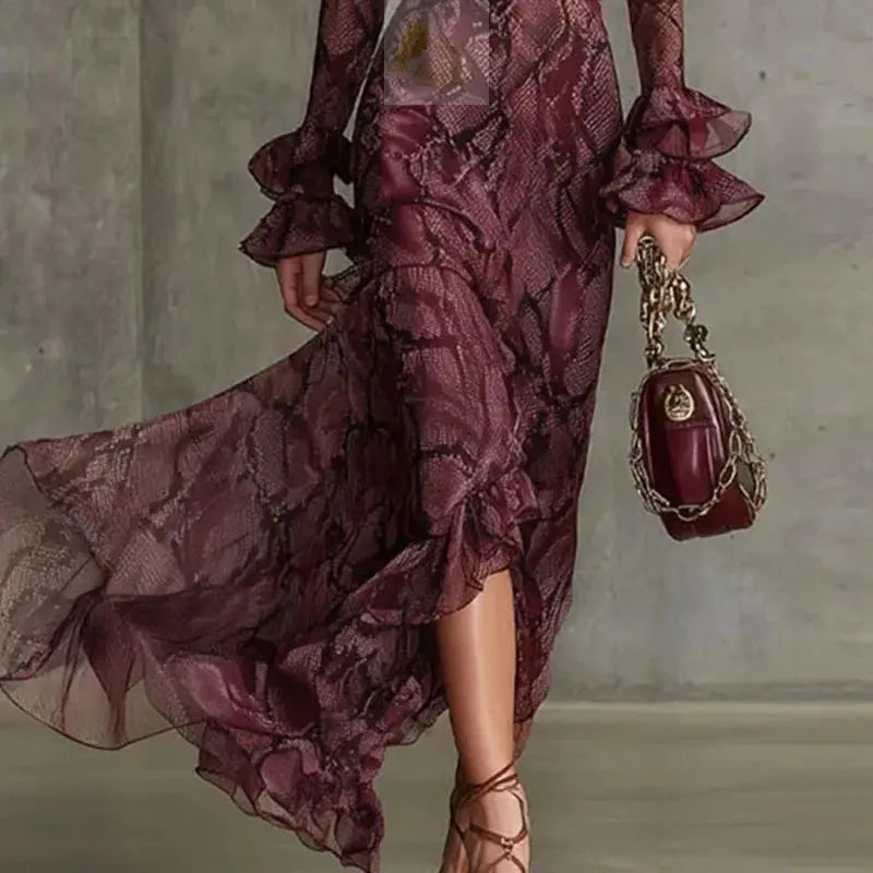 Retro Snake Print Evening Party Dresses Woman Elegant Spring Deep V Neck Ruffles Long LADYLYS