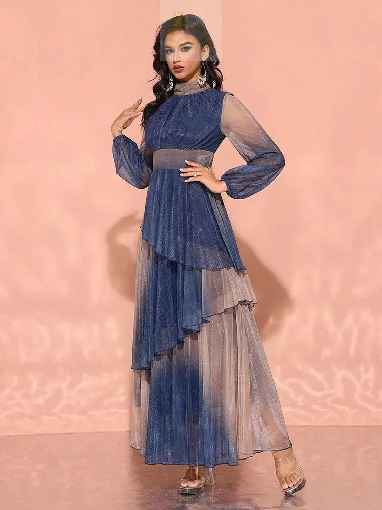 Luxury Elegant Dress With Stand Collar, Lantern Sleeves, And Ruffle LADYLYS