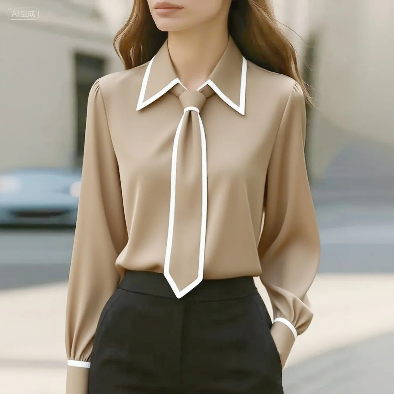 Women's fashion tie lapel design casual long-sleeved shirt