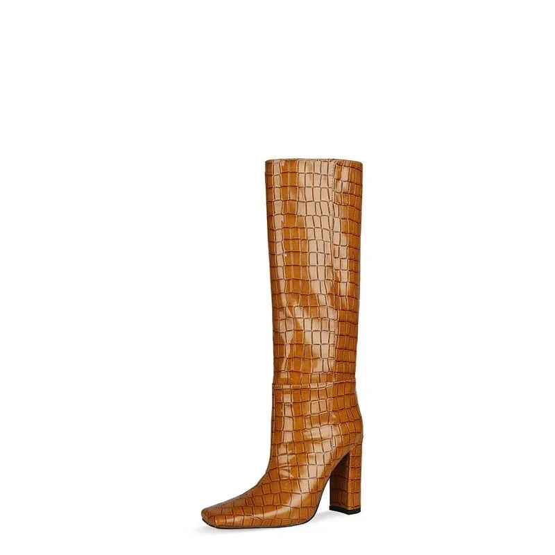 Women's Patent Leather Knee-High Boots – Thick Square Heel Slip-On Winter Boots in 21 Colours