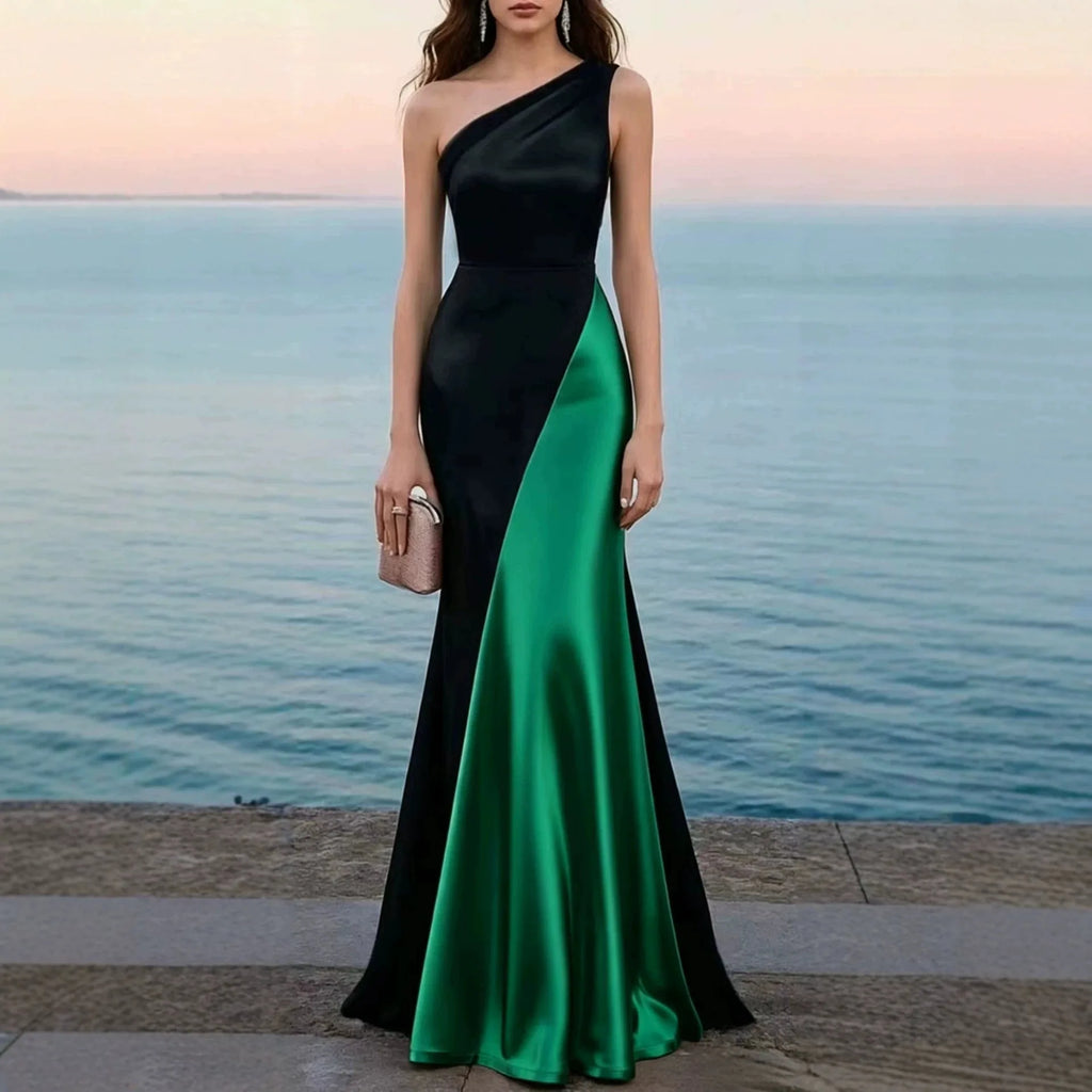 Women's Luxury Satin One-Shoulder Mermaid Gown — Black & Red Patchwork Evening Dress