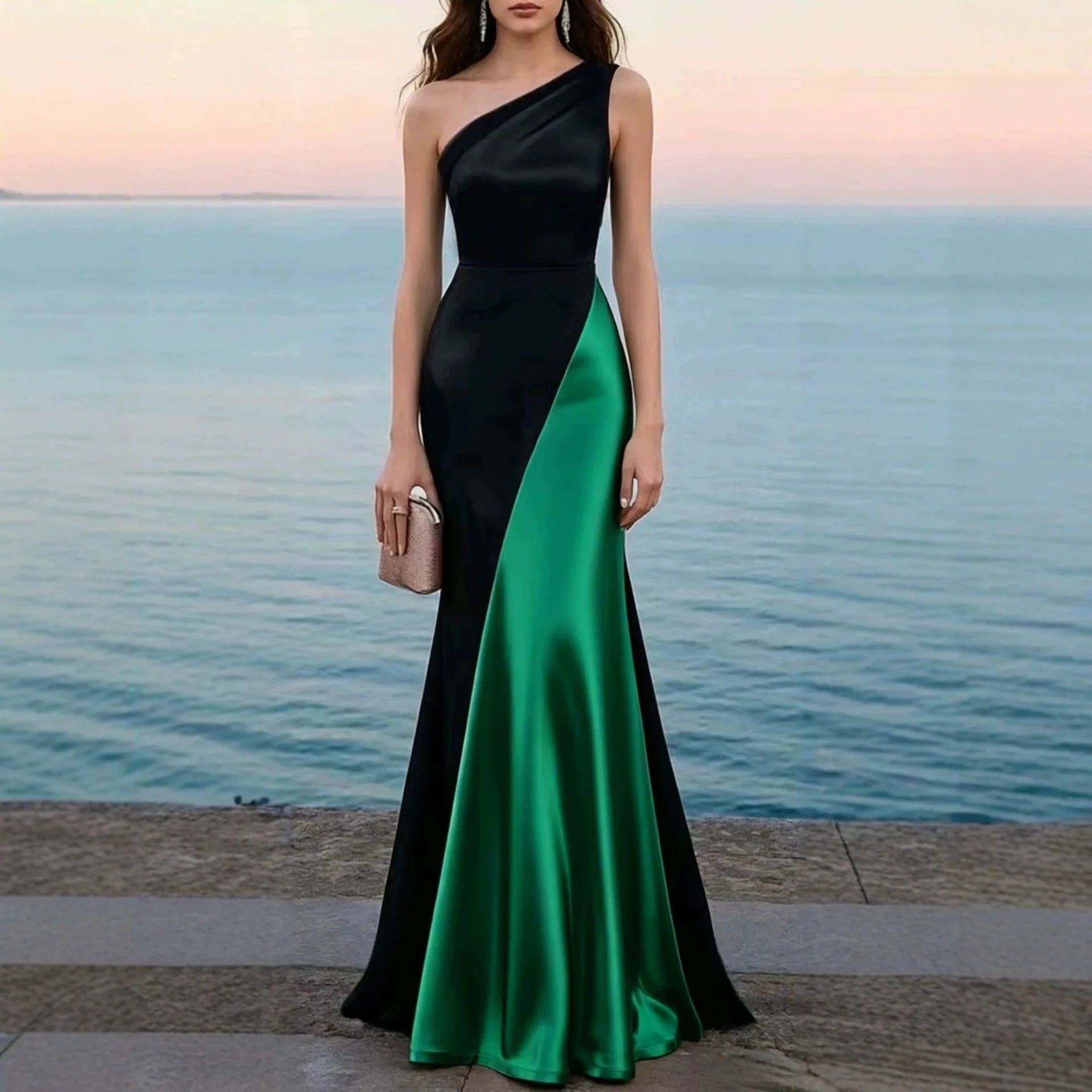 Women's Luxury Satin One-Shoulder Mermaid Gown — Black & Red Patchwork Evening Dress