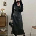 Women's Black PU Leather Dress – Faux Two-Piece A-Line, Long Sleeve, Midi Length