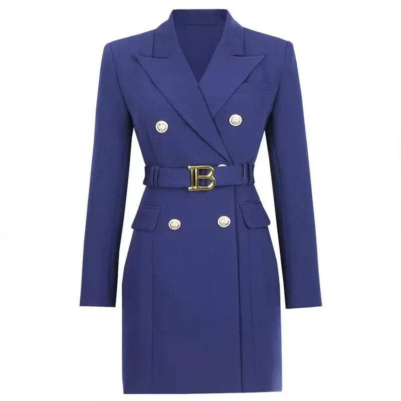 Women's Double-Breasted Belted Blazer with Notched Lapels