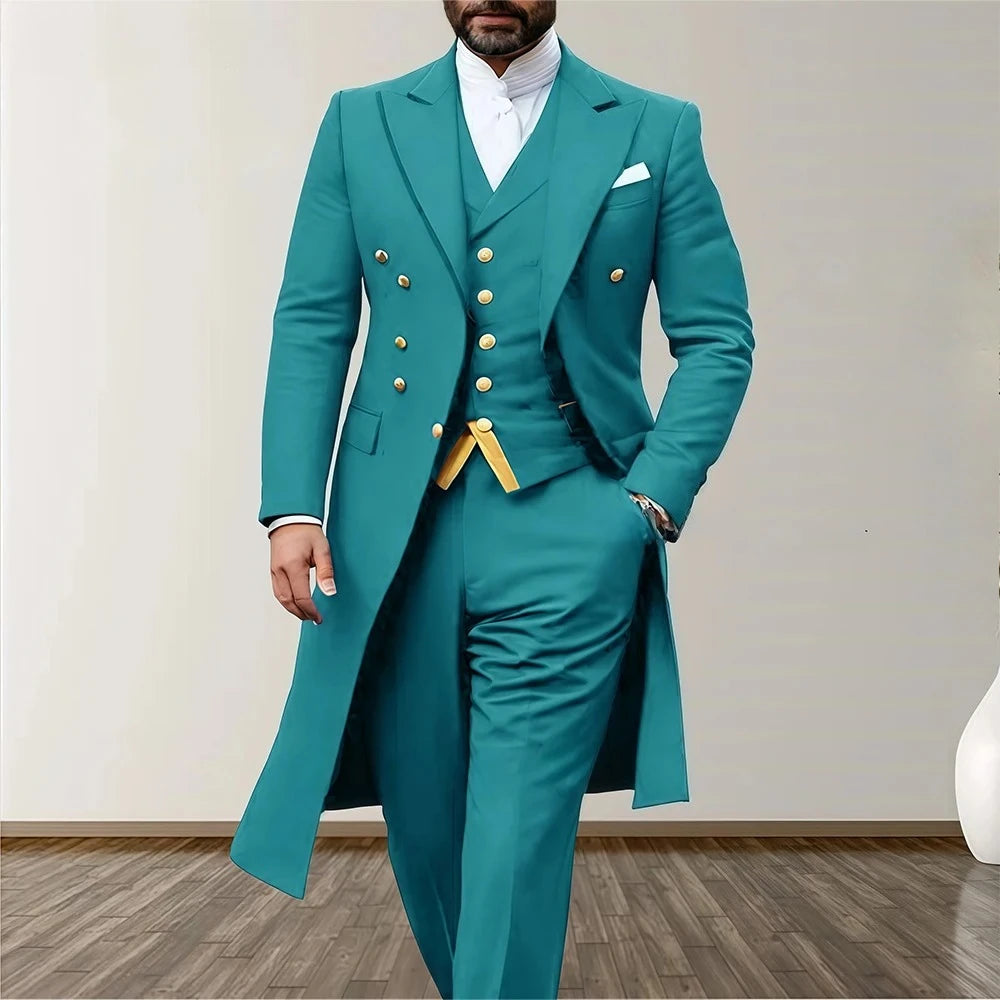 Men Suits 3 Piece Long Blazer Vest Pants Satin One Button Tuxedo LADYLYS