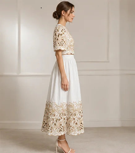 Embroidered Hollow-Out Top & Skirt Set – Elegant Color Block 2-Piece