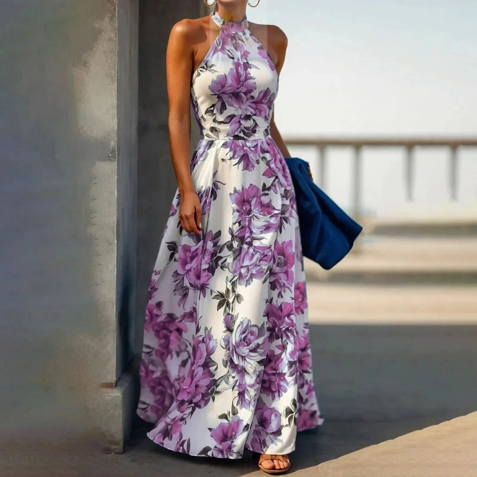 Floral Print Women's Sleeveless Neck Hanging Beach maxi Dress LADYLYS