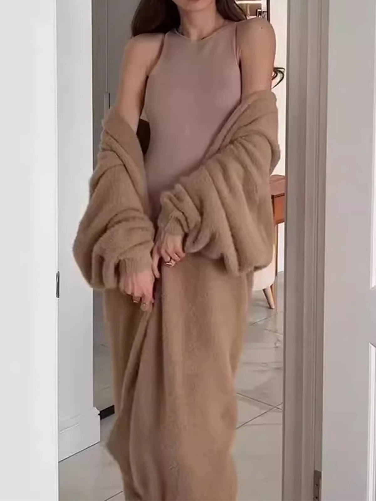 Women's Long Belted Knit Cardigan with V-Neck and Lantern Sleeves
