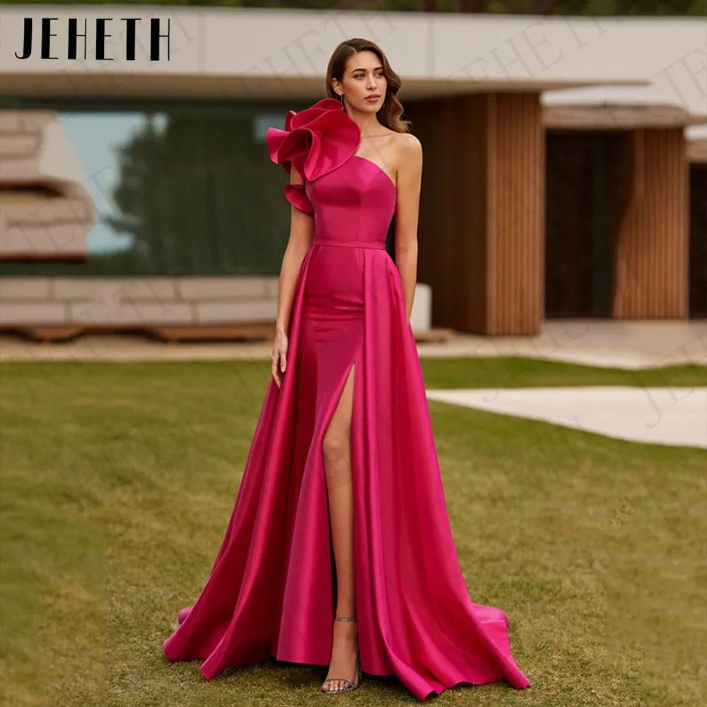 JEHETH Satin One Shoulder Mermaid Evening Dress for Woman Side Split Detachable Train Formal Party Dresses Fuchsia Customized LADYLYS
