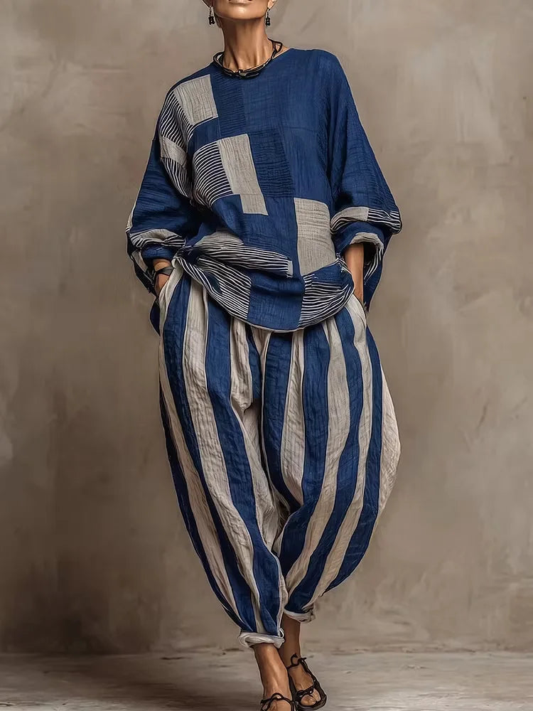 Women's Striped Patchwork 2-Piece Set – Loose Top & Harem Pants, Office Casual