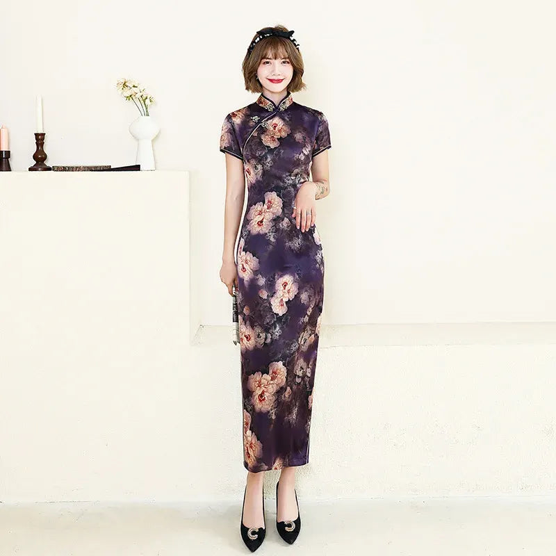 Printed Short-Sleeve Qipao-Inspired Midi Dress