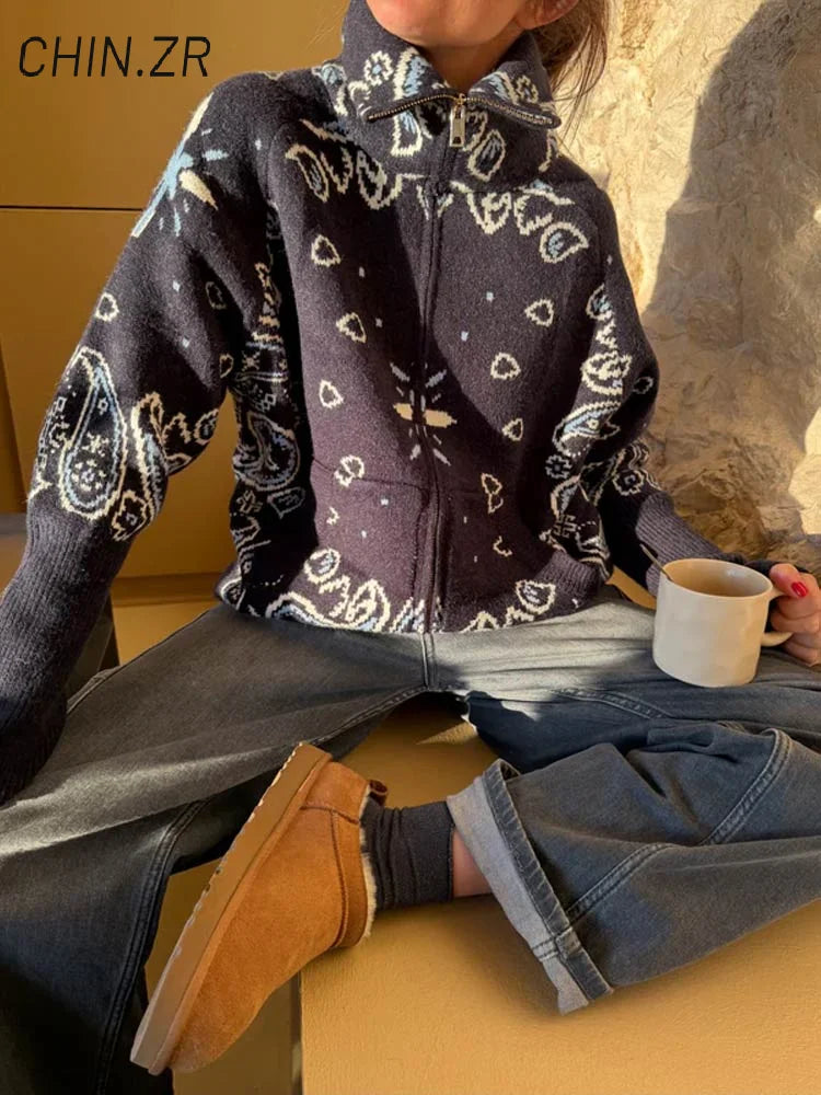 Women's Boho Jacquard Knit Cardigan with Stand Collar and Zip