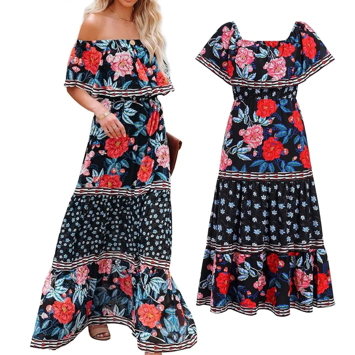 Ethnic Mexican Cinco De Mayo Summer Floral Print Off Shoulder Dress LADYLYS