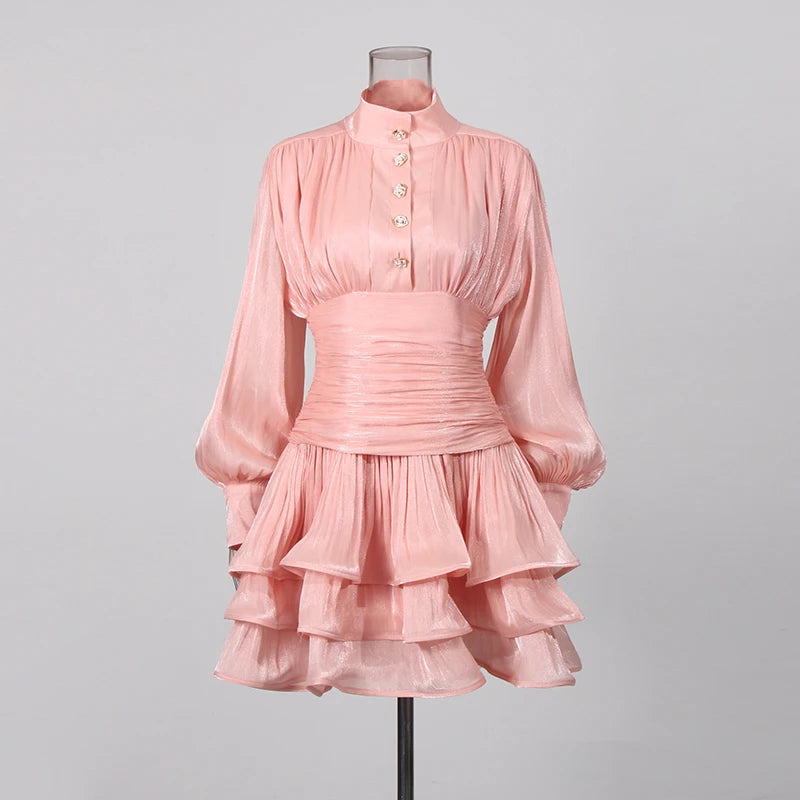 Solid Spliced Ruffles Dress Female Stand Collar Long Sleeve Loose French Elegant LADYLYS