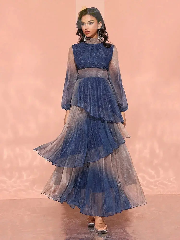 Luxury Elegant Dress With Stand Collar, Lantern Sleeves, And Ruffle LADYLYS